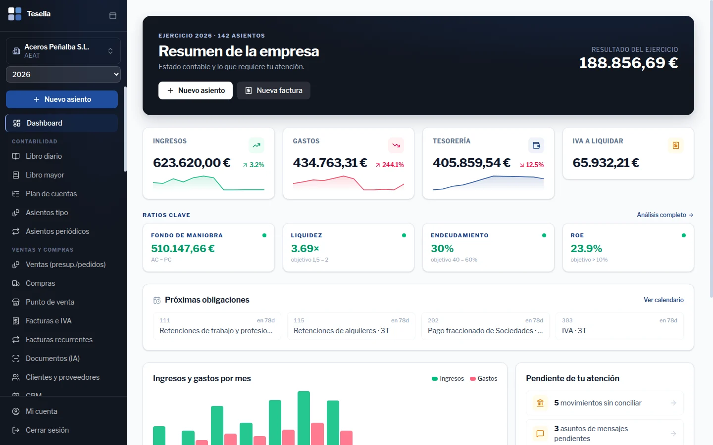 Panel de una empresa con resultado, ingresos, gastos, tesorería y ratios